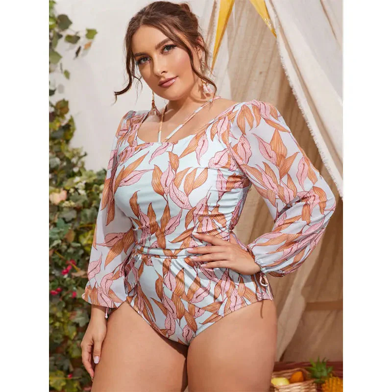 Bañador plus size con manga larga y estampado de hojas - Image 3